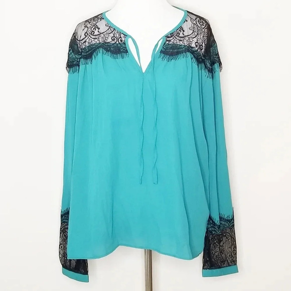 NWT Nicole Miller Green & Black Lace Inset Tie Neck Long Sleeve Blouse L - Picture 1 of 8